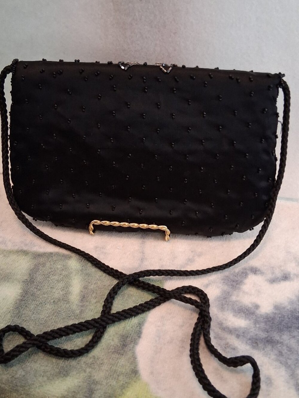 VTG Black Satin Beaded Evening Bag Convertible Crossbody Clutch Metallic Scroll - Picture 2 of 11